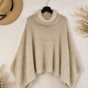 Anthropologie Akemi + Kin Lara Eyelash‎ Poncho Cream Gold Turtleneck Sweater OS